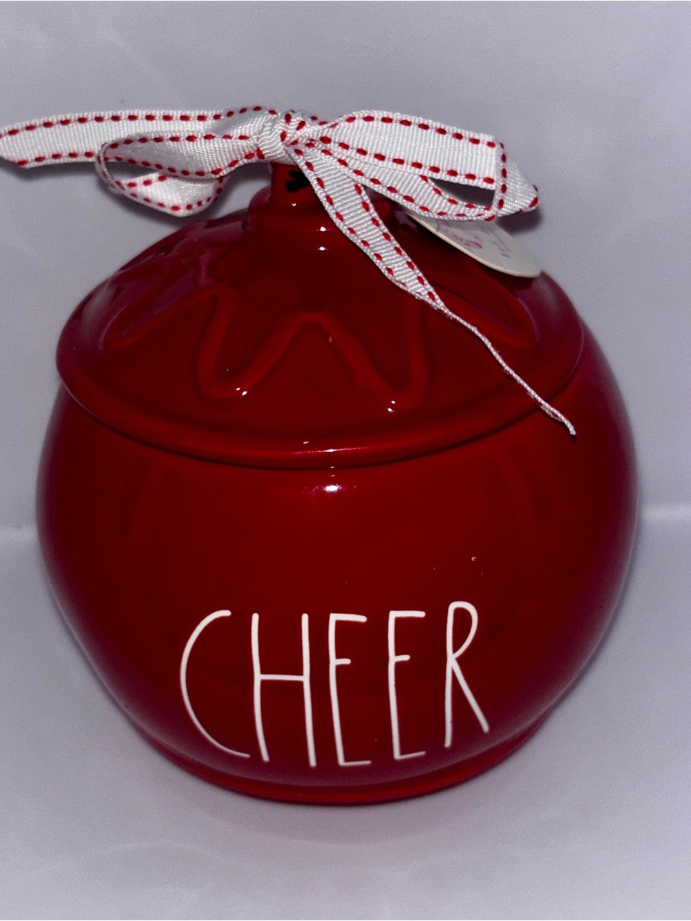 New Rae Dunn Cheer Christmas Tabletop Red Round Ornament 5” Mini Canister Jar